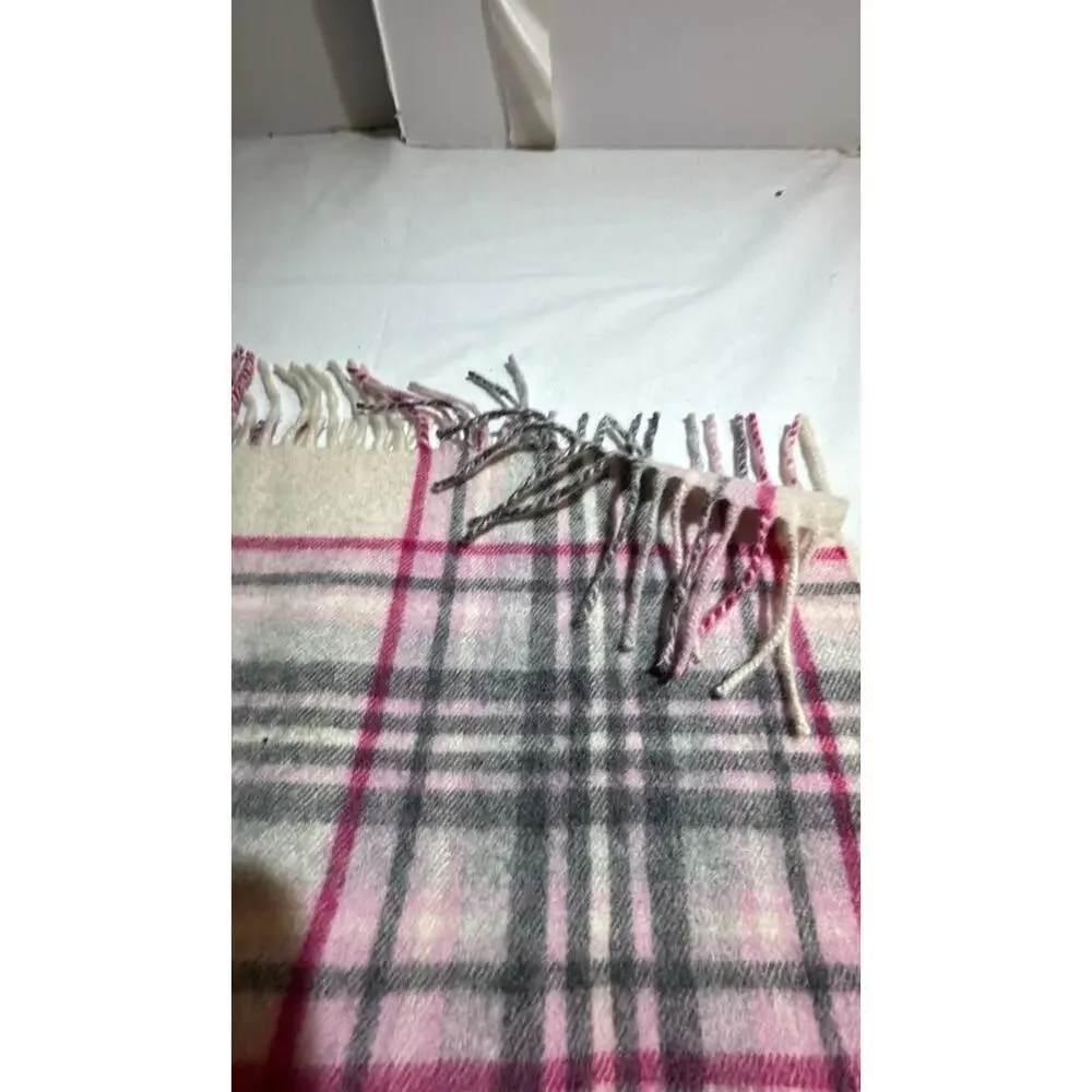 Plaid Wool Scarf with Fringe 68”x29”